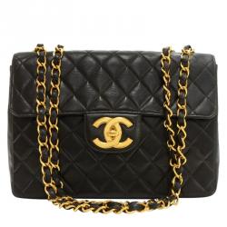 Pre Owned Chanel Black Quilted Lambskin Jumbo Classic Flap Bag