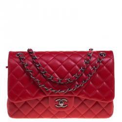 Chanel Classic Double Flap Quilted Caviar Silver-tone Jumbo Dark Red - US
