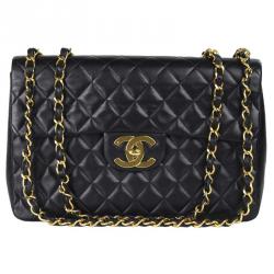 Pre Owned Chanel Black Quilted Lambskin Maxi Jumbo Vintage Classic Flap Bag