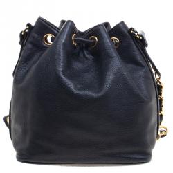 Pre Owned Chanel Black Caviar Leather Vintage CC Drawstring Bucket Bag