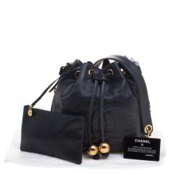 Pre Owned Chanel Black Caviar Leather Vintage CC Drawstring Bucket Bag
