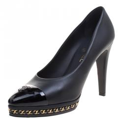 Pre Owned Chanel Black Leather CC Cap Toe Chain Detail Platform Pumps Size 41