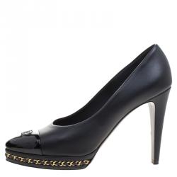 Pre Owned Chanel Black Leather CC Cap Toe Chain Detail Platform Pumps Size 41