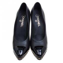 Pre Owned Chanel Black Leather CC Cap Toe Chain Detail Platform Pumps Size 41