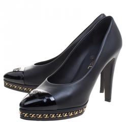 Pre Owned Chanel Black Leather CC Cap Toe Chain Detail Platform Pumps Size 41