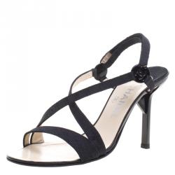 Chanel Black Canvas Cross Strap Sandals Size 38