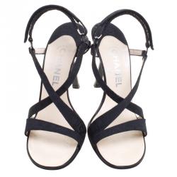 Chanel Black Canvas Cross Strap Sandals Size 38