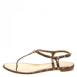 Pre Owned Chanel Black Metallic Suede Crystal CC Thong Flat Sandals Size 37.5