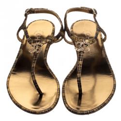 Pre Owned Chanel Black Metallic Suede Crystal CC Thong Flat Sandals Size 37.5