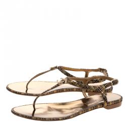 Pre Owned Chanel Black Metallic Suede Crystal CC Thong Flat Sandals Size 37.5