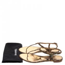 Pre Owned Chanel Black Metallic Suede Crystal CC Thong Flat Sandals Size 37.5