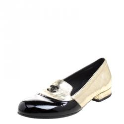 Pre Owned Chanel Gold Crackled Metallic Leather CC Cap Toe Smoking Slippers Size 37