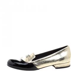 Pre Owned Chanel Gold Crackled Metallic Leather CC Cap Toe Smoking Slippers Size 37