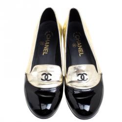 Pre Owned Chanel Gold Crackled Metallic Leather CC Cap Toe Smoking Slippers Size 37