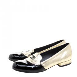 Pre Owned Chanel Gold Crackled Metallic Leather CC Cap Toe Smoking Slippers Size 37