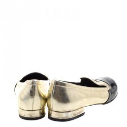 Pre Owned Chanel Gold Crackled Metallic Leather CC Cap Toe Smoking Slippers Size 37