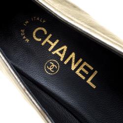 Pre Owned Chanel Gold Crackled Metallic Leather CC Cap Toe Smoking Slippers Size 37