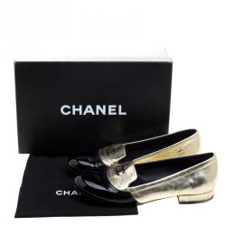 Pre Owned Chanel Gold Crackled Metallic Leather CC Cap Toe Smoking Slippers Size 37