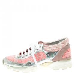 Pre Owned Chanel Pink Tweed and Holographic Leather Lace Up Sneakers Size 37
