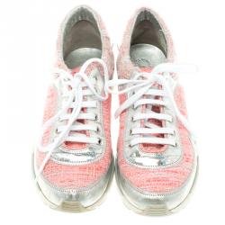Pre Owned Chanel Pink Tweed and Holographic Leather Lace Up Sneakers Size 37