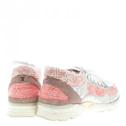 Pre Owned Chanel Pink Tweed and Holographic Leather Lace Up Sneakers Size 37