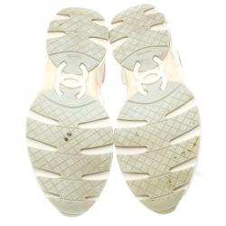 Pre Owned Chanel Pink Tweed and Holographic Leather Lace Up Sneakers Size 37