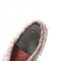 Pre Owned Chanel Pink Tweed and Holographic Leather Lace Up Sneakers Size 37
