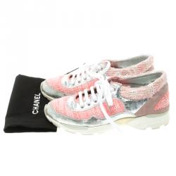Pre Owned Chanel Pink Tweed and Holographic Leather Lace Up Sneakers Size 37