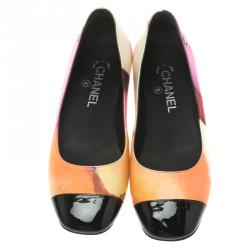 Pre Owned Chanel Watercolor Silk and Leather Cap Toe Ballet Flats Size 37.5