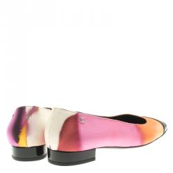 Pre Owned Chanel Watercolor Silk and Leather Cap Toe Ballet Flats Size 37.5