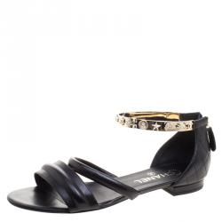 Chanel Black Quilted Leather Charm Embellished Sandals Size 39