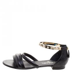 Chanel Black Quilted Leather Charm Embellished Sandals Size 39