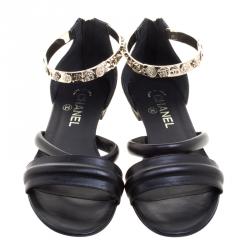 Chanel Black Quilted Leather Charm Embellished Sandals Size 39