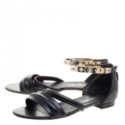 Chanel Black Quilted Leather Charm Embellished Sandals Size 39