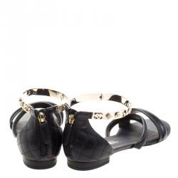Chanel Black Quilted Leather Charm Embellished Sandals Size 39