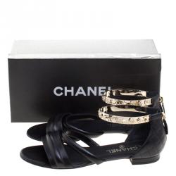 Chanel Black Quilted Leather Charm Embellished Sandals Size 39