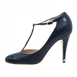 مملوكة مسبقًا حذاء كعب عالي شانيل ماري جين شريط T جلد أسود مقاس 38