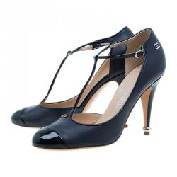 مملوكة مسبقًا حذاء كعب عالي شانيل ماري جين شريط T جلد أسود مقاس 38