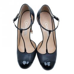 مملوكة مسبقًا حذاء كعب عالي شانيل ماري جين شريط T جلد أسود مقاس 38