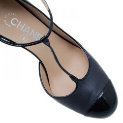 مملوكة مسبقًا حذاء كعب عالي شانيل ماري جين شريط T جلد أسود مقاس 38