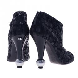 Chanel Black Suede and Leather Ankle Boots Size 38.5