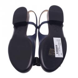 مملوكة مسبقًا Chanel Blue and Black Leather Bow Flat Slingback Sandals Size 39