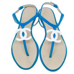 Pre Owned Chanel Blue Fabric CC Thong Sandals Size 37.5