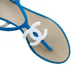 Pre Owned Chanel Blue Fabric CC Thong Sandals Size 37.5