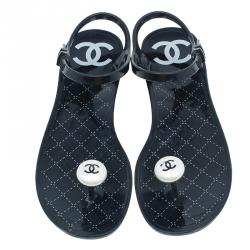 Pre Owned Chanel Black CC Pearl Jelly Sandals Size 37