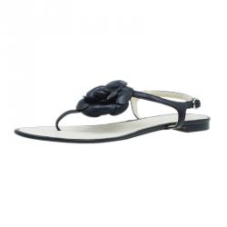 Chanel Black Camellia Thong Sandals Size 39.5
