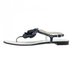 Chanel Black Camellia Thong Sandals Size 39.5