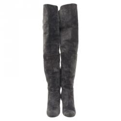 Pre Owned حذاء بوت شانيل فوق الركبة جلد رمادي سويدي cc مقاس 39.5