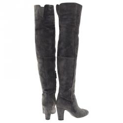 Pre Owned حذاء بوت شانيل فوق الركبة جلد رمادي سويدي cc مقاس 39.5