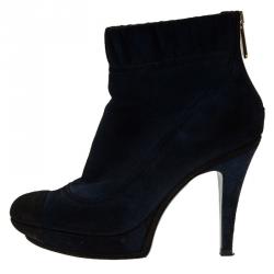 Pre Owned Chanel Navy Blue Suede CC Cap Toe Ankle Boots Size 39